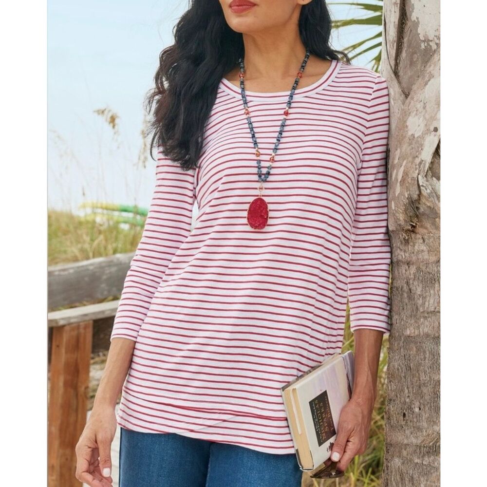 Soft Surroundings Petunia Striped Tunic White red3/4 Sleeve High Low Hem 2X NEW